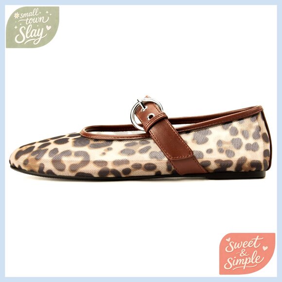Women's Mesh Leopard Flats with Buckle Strap, Round Toe Ballet Shoes - Picture 1 of 7